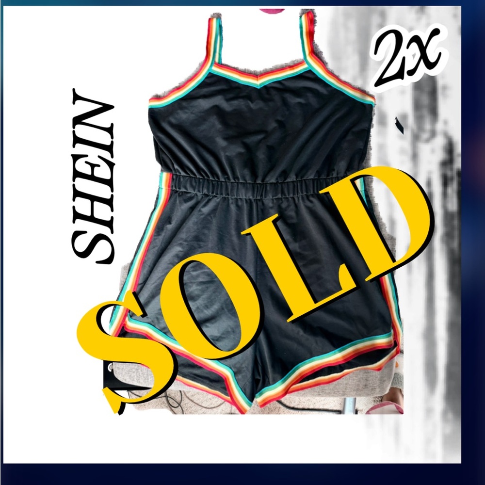 SHEIN Black Sleeveless One-Piece Romper with Rainbow Trim